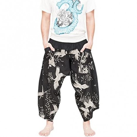 BohoHill Ninja Warrior Samurai Harem Pants Unisex Trousers Japanese Crane Black