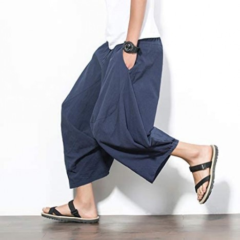 FAXIKIO Mens Cotton Harem Pants with Pockets Summer Capri Linen Pants Drawstring Women Baggy Wide Leg Pants Elastic Waist