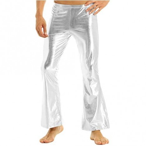 moily Men's 70s Retro Disco Bell Bottom Shiny Metallic Patent Leather Flared Pants Leggings Trousers