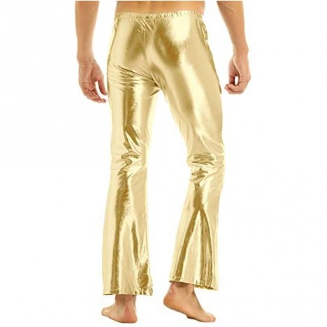renvena Men's Shiny Metallic Fashion Holographic Pants Disco Flared Bell Bottom Leggings