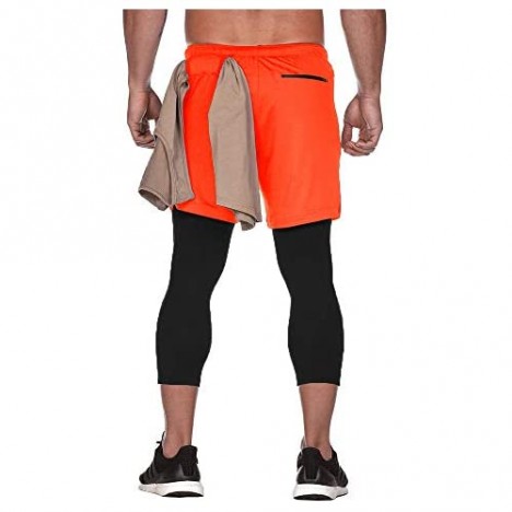 Mens 2 in 1 Workout Running Shorts Training Gym Compression Tights Legging Lightweight Quick Dry Pants