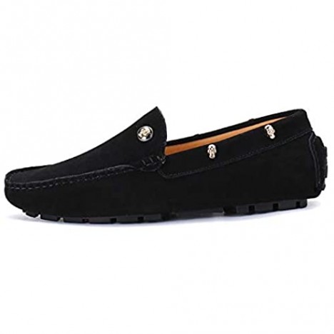 DADIJIER Loafers for Men Casual Driving Shoes Slip-on Lug Sole Genuine Leather Suede Square Toe Stitched Golden Skull Decor