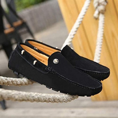 DADIJIER Loafers for Men Casual Driving Shoes Slip-on Lug Sole Genuine Leather Suede Square Toe Stitched Golden Skull Decor