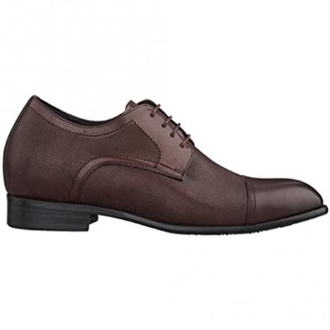 CALTO Men's Invisible Height Increasing Elevator Shoes - Brown Premium Leather Lace-up Formal Derby Oxfords - 2.8 Inches Taller - Y4232