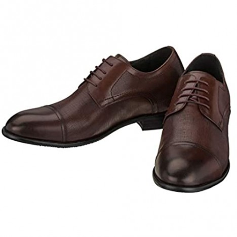 CALTO Men's Invisible Height Increasing Elevator Shoes - Brown Premium Leather Lace-up Formal Derby Oxfords - 2.8 Inches Taller - Y4232