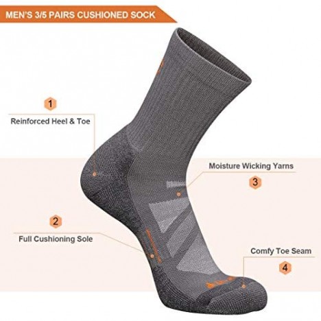 Heatuff Mens 3 & 5 Pack Hiking Micro Crew Socks Athletic Cushion Outdoor Trekking Sock Reinforced Heel and Toe