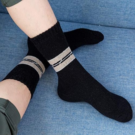 Mens Warm Wool Socks Thick Winter Hiking Stripe Wool Crew Socks (A-Mix 2 Stripes 5 Pairs)