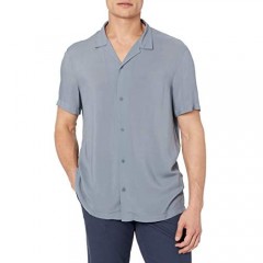 AX Armani Exchange Men's Sustainability Viscose Poplin V-Neck Button Up Short Sleeve Shirt