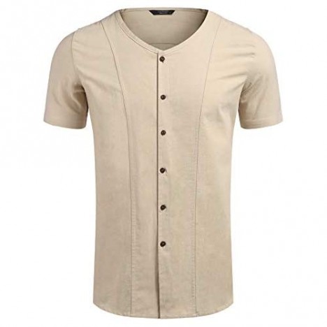 COOFANDY Men's Cotton Linen Shirt Loose Fit Short Sleeve Button Down Shirt Summer Beach Casual Shirt Blouse Tops