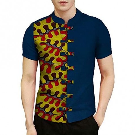 ELISCO African Short Sleeve Mens Shirt Dashiki Print Tops Loose Large Summer Wear