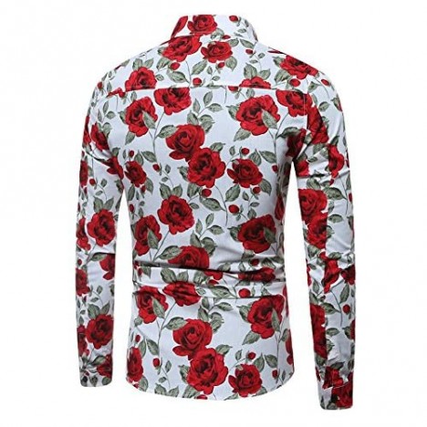 Kalanman Men's Shirt Stylish Rose-Printed Slim Fit Long Sleeve Button Down Shirt