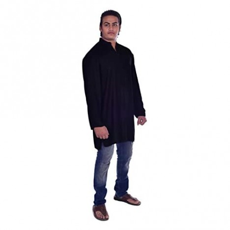 Lakkar Haveli Men's Kurta Solid Black Color Shirt Indian 100% Cotton Loos Fit Tunic Plus Size Bigg & Tall