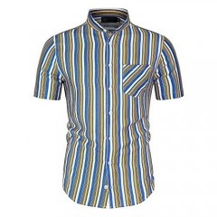 Lars Amadeus Men's Summer Striped Shirts Short Sleeves Button Down Banded Collar Shirt
