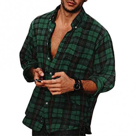 Mens Button Down Shirt Casual Flannel Plaid Slim Fit Long Sleeve Spread Collar Lightweight Tops