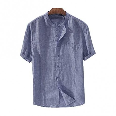 Mens Short Sleeve Linen Shirt Casual Banded Collar Yoga Top Summer Hippie Beach Shirts