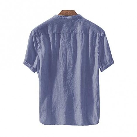 Mens Short Sleeve Linen Shirt Casual Banded Collar Yoga Top Summer Hippie Beach Shirts