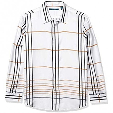Perry Ellis Men's Dobby Plaid Windowpane Long Sleeve Button-Down Shirt