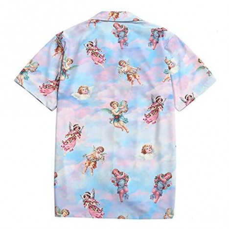 ZAFUL Men' s Regular-fit Casual Short Sleeves Button Up Shirt Paradise Floral Angel Print Tropical Hawaiian Beach Shirt