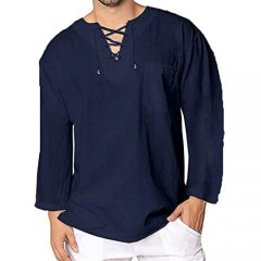 Mens Casual Long Sleeve T Shirt Cotton Yoga V Neck Hipster Beach Tees Plain Drawstring Tops