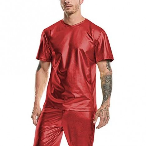 Men's Metallic Short Sleeve T Shirt Wet Look Club Shirt Slim Fit Stretchy V-Neck Shirts Tops