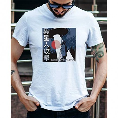 ZIAH FASHION 100% Cotton Unisex Streetwear Alien UFO Japanese Kanji Graphic Tee Shirts